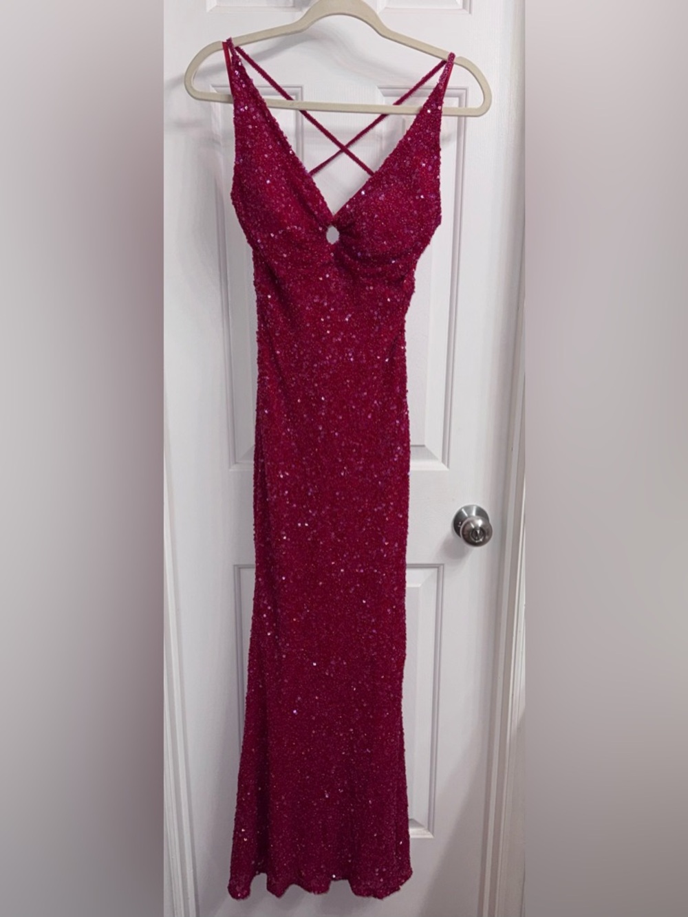 Scala Rare Vintage Red Silk Sequin Evening Gown with Keyhole Front, Size Small